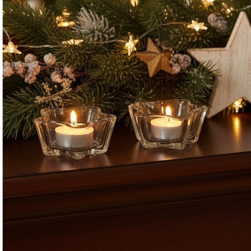 Anchor Hocking Six Point Star Candlestick Holders, Set of 2, Vintage Votive